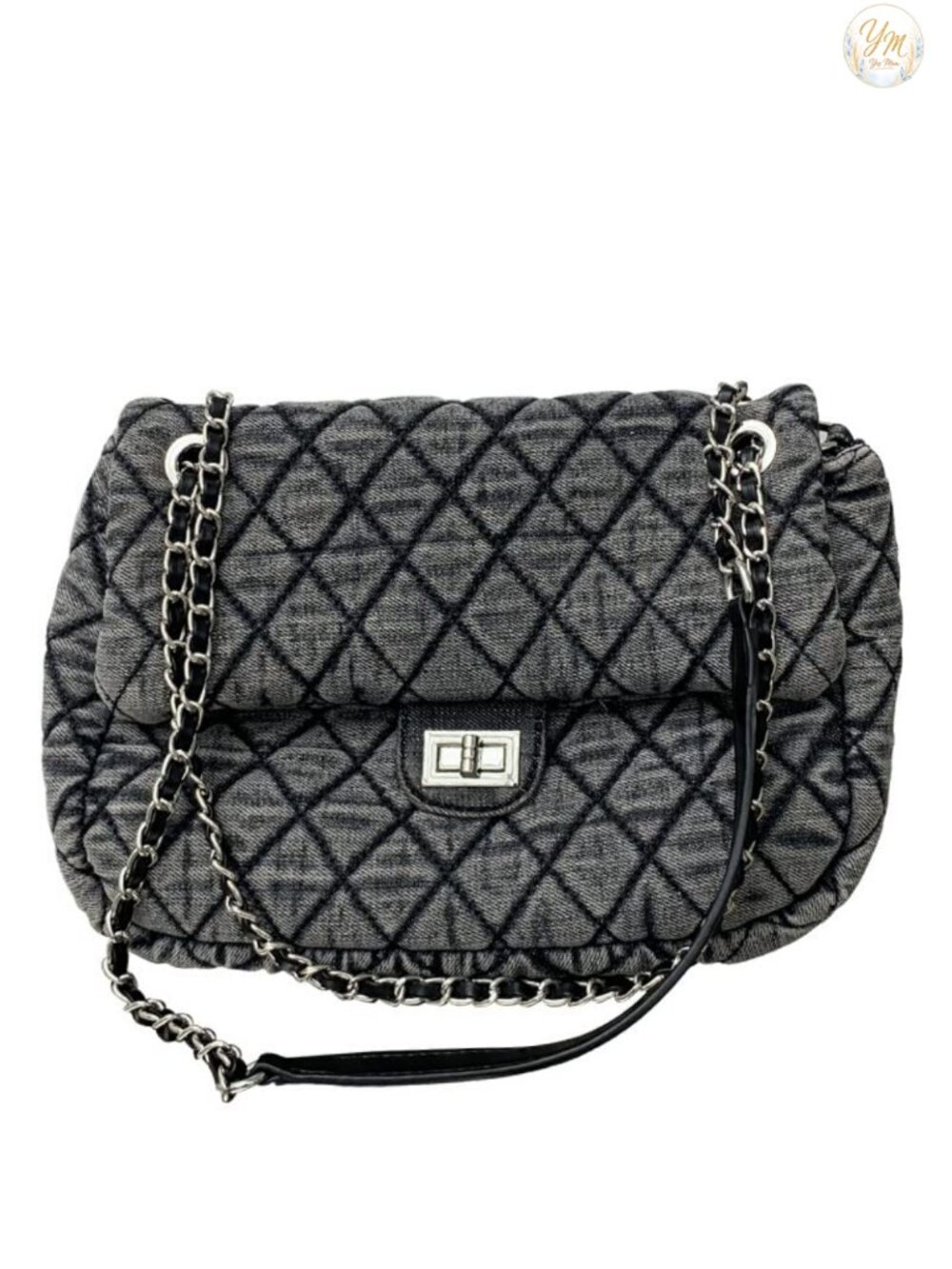 Women's Denim Tote Handbag with Chain Strap Quilted Rhomboid Embossing Retro